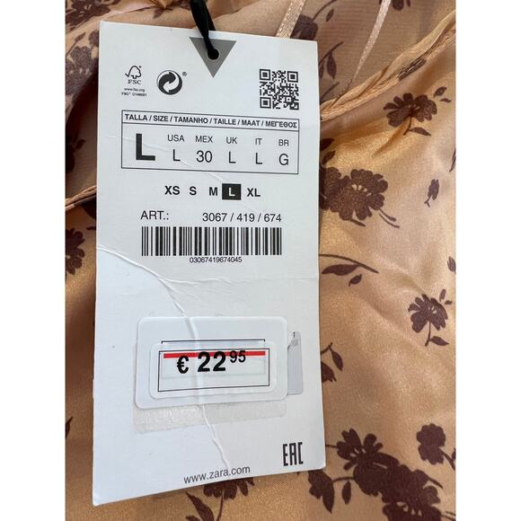 ZARA Floral print peach satin long sleeve Top L - Picture 5 of 7